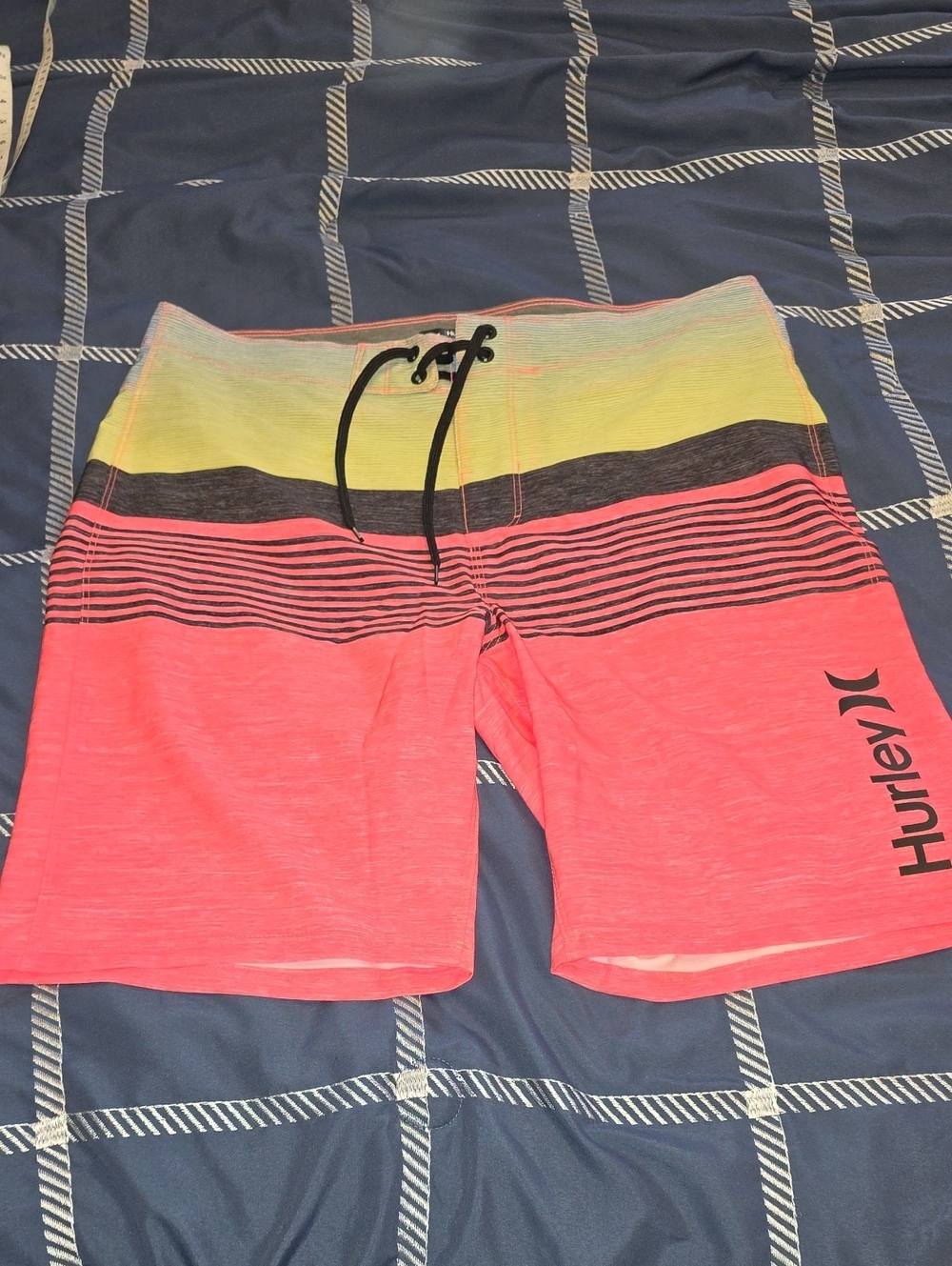 Hurley Men’s Coral and Yellow Striped Hybrid Boardshorts